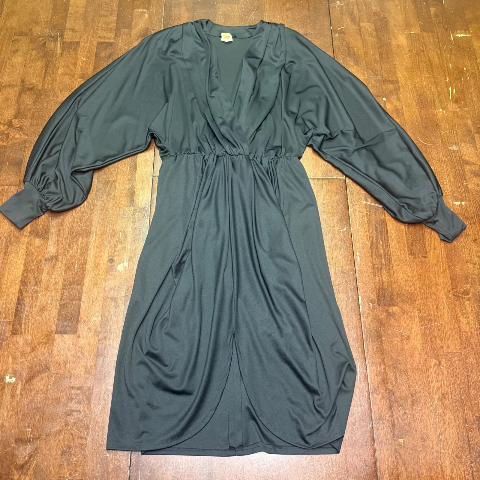 VTG ILGWU Union Midi Dress Women 11 Black Dolman Sleeve V-Neck Tulip Skirt 70s
