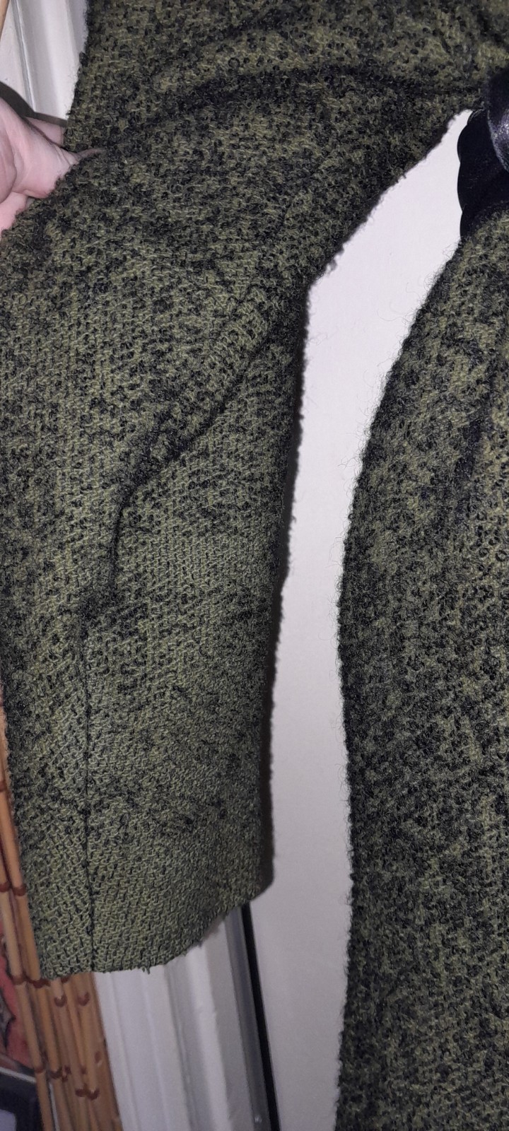 Vtg 50s 60s Green Tweed Knob Black Flecked Swing Opera Wool Shawl Collar Coat M
