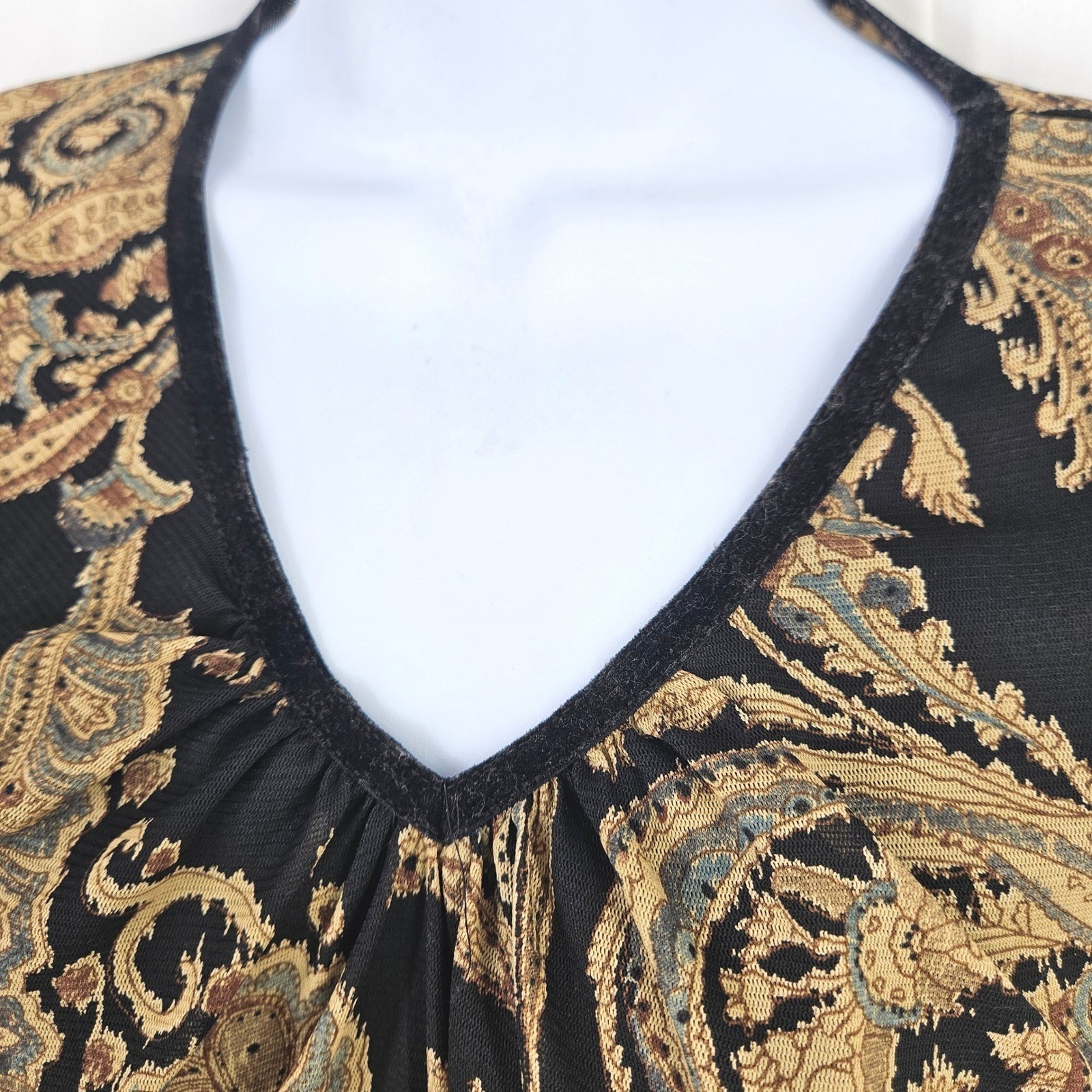 Wet Seal Vtg Y2K Paisley Mesh Long Bell Sleeve Top Black Gold Velvet Curl Trim L