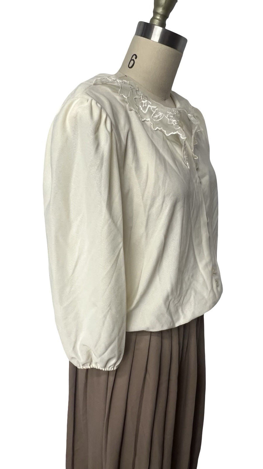 Vintage 80s Neutral Polyester USA Made Embroidered Collar Secretary Dress Sz 18