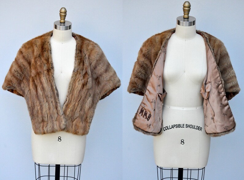 Vintage Rabbit Fur Stole Cape Capelet Wrap Shawl 40s 50s Mid Century Pin Up