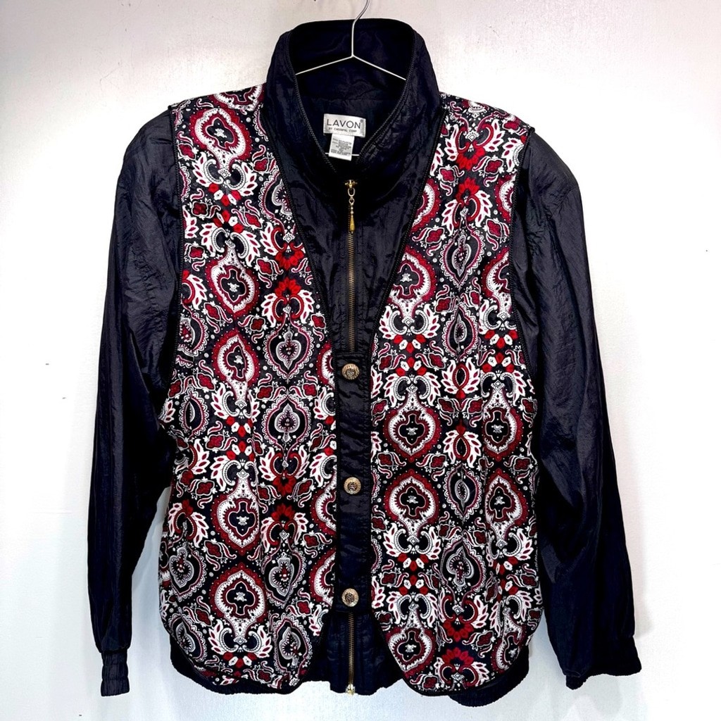 Vintage 80s Satin Tracksuit Jacket Black & Red Layered Look Zip Front Lavon XL