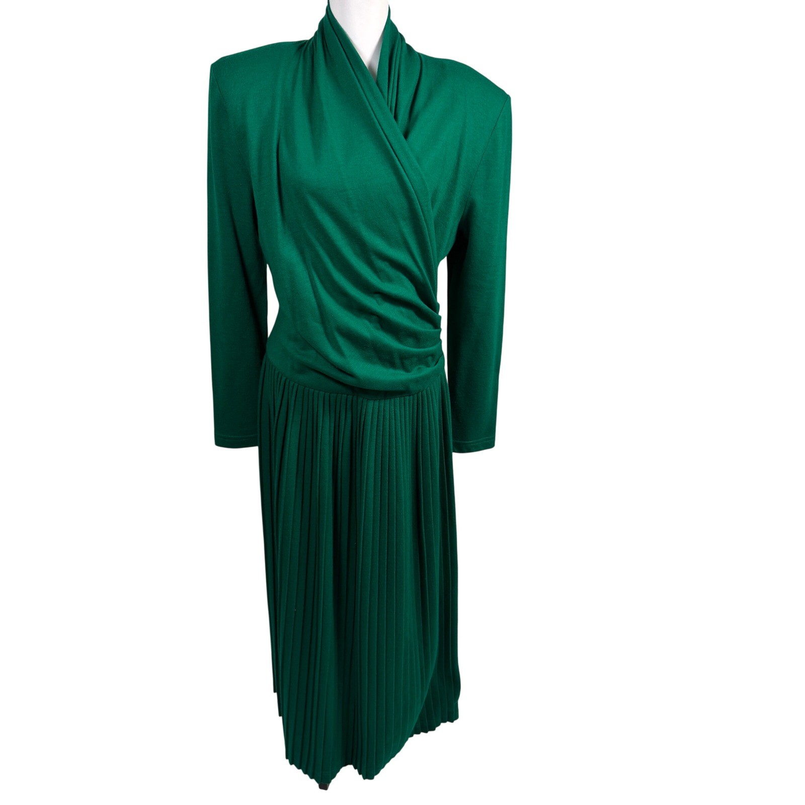 Linda Lewis Maxi Dress Womens 14 Green Excellent Wool 80s Pleated Shoulder Pads