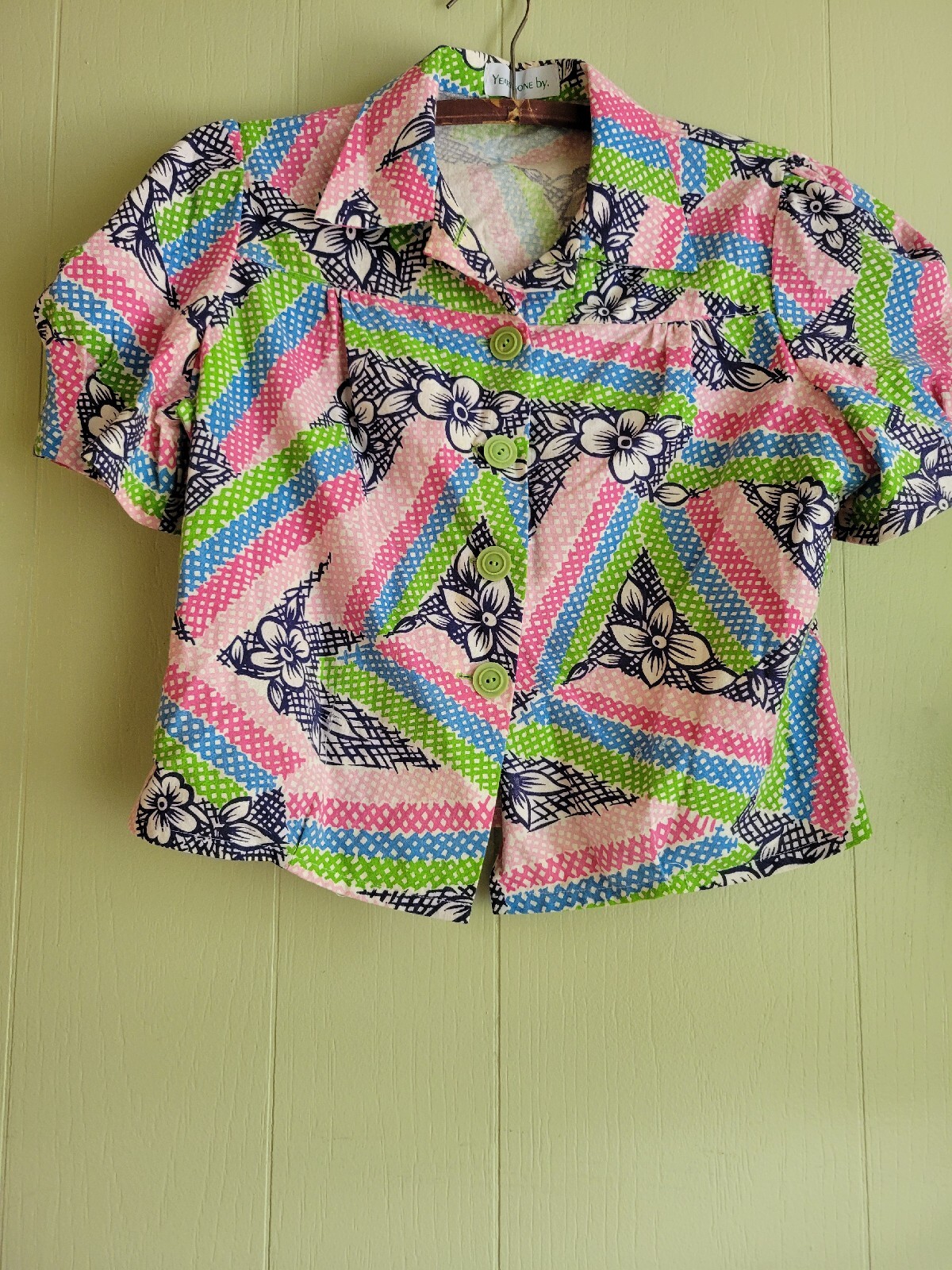 1930s Vtge Style Colorful Feedsack Puff Sleeve Blouse