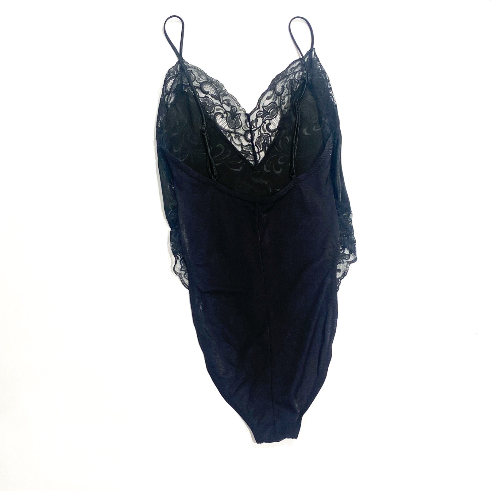 Vintage Lingerie. Black with lace trim and floral print on fabric. Thin spaghett