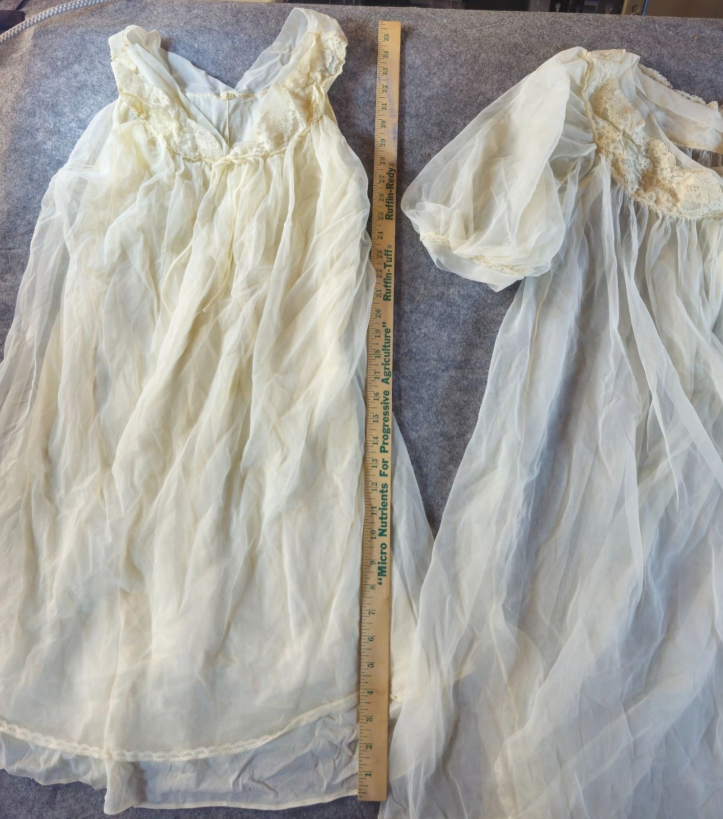 1960s Vintage Babydoll Sheer Ivory Nylon Nightgown Peignoir Set Lace Detail READ