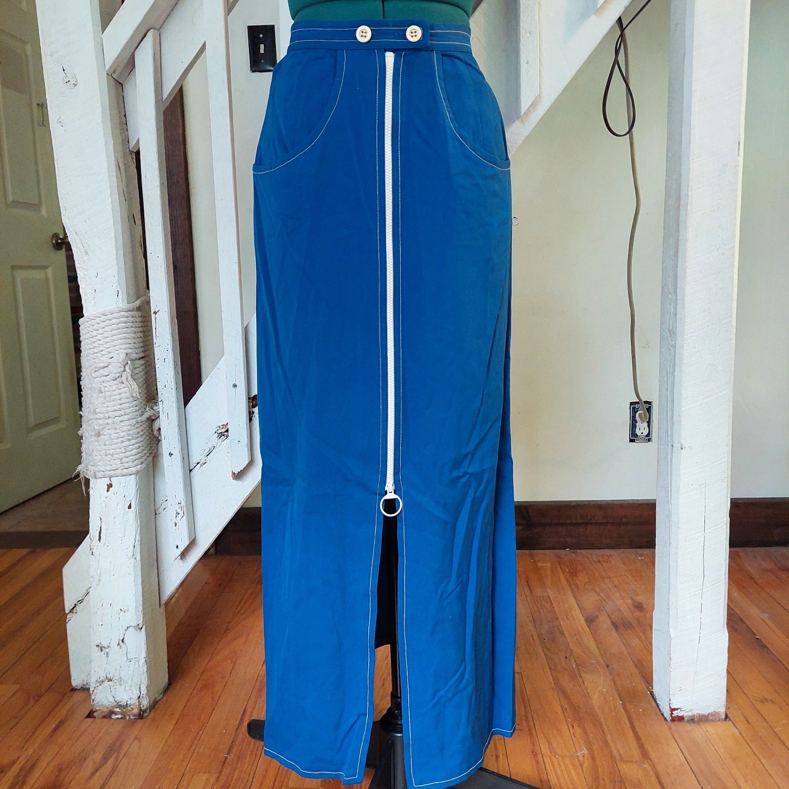 Vintage Jennifer Boutique Dallas Blue Maxi Skirt Front Zip O-Ring High Waist