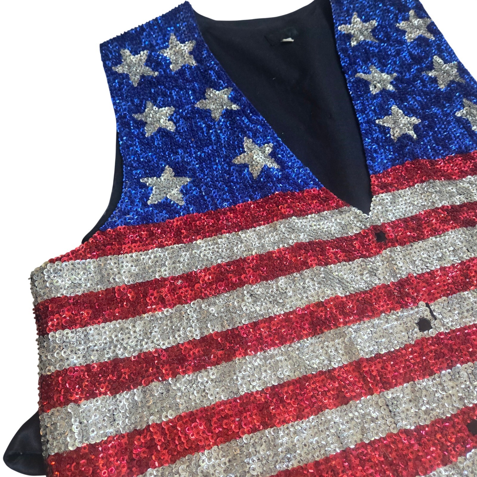 Vintage American Flag Sequin Vest XXL 4th of July Patriotic Stars Stripes USA