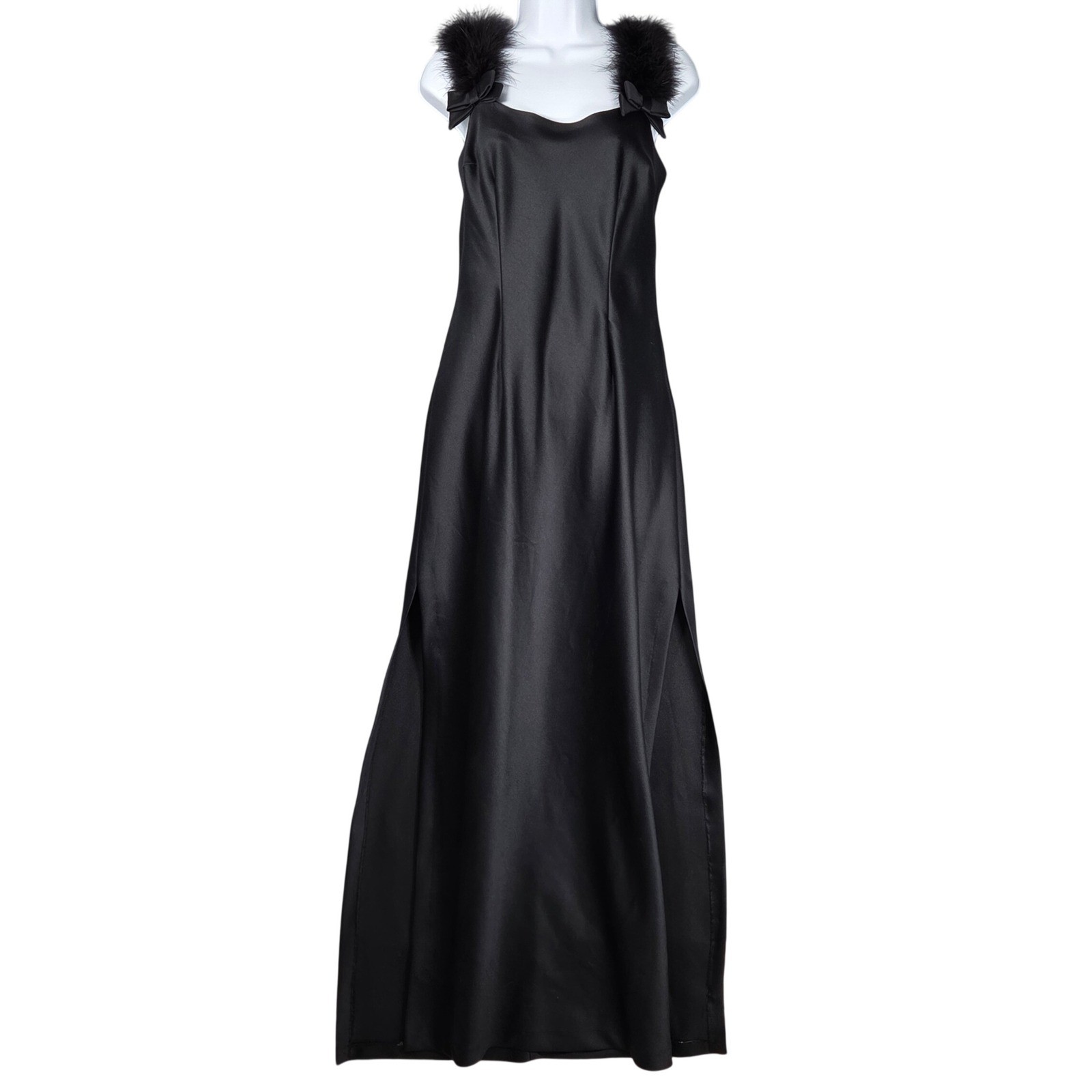 Vintage Niki Livas Women 12 Maxi Satin Gown Dress 90s Feather Bow Black Elegant