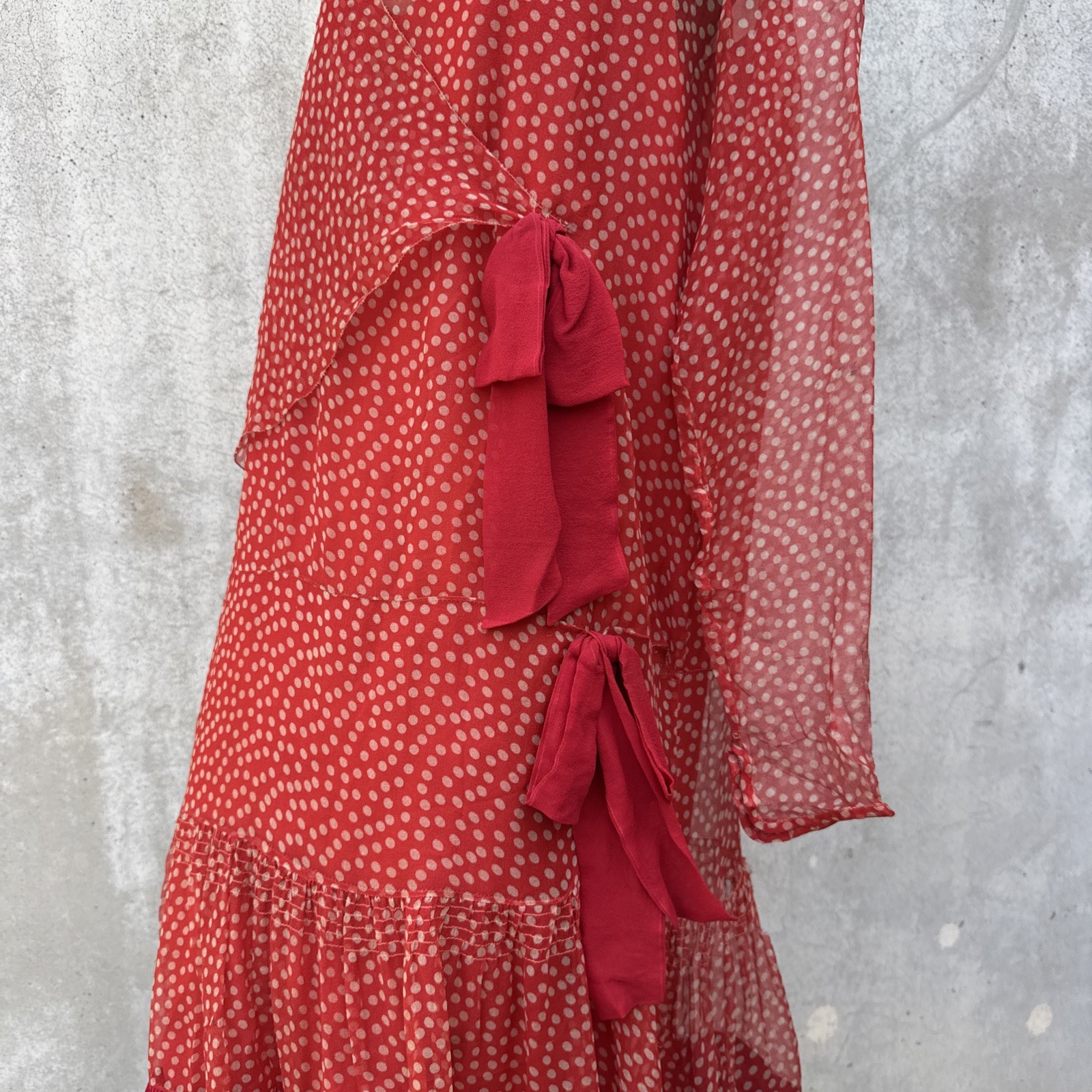 Antique 1920s Red Silk Chiffon Dress Polka Dot Asymmetrical Bow Marjone Vintage