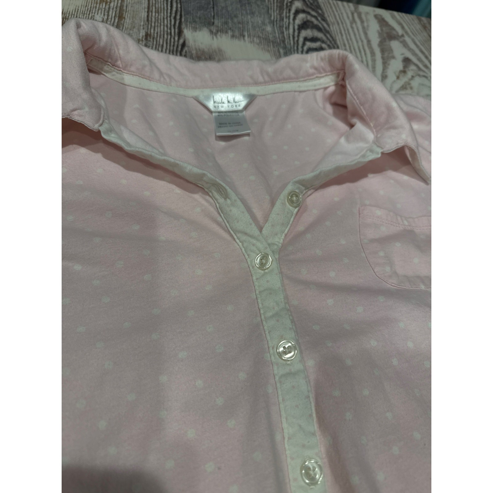 Nicole miller pajama set, pink with white dots, XL/XG bed nap top with collar