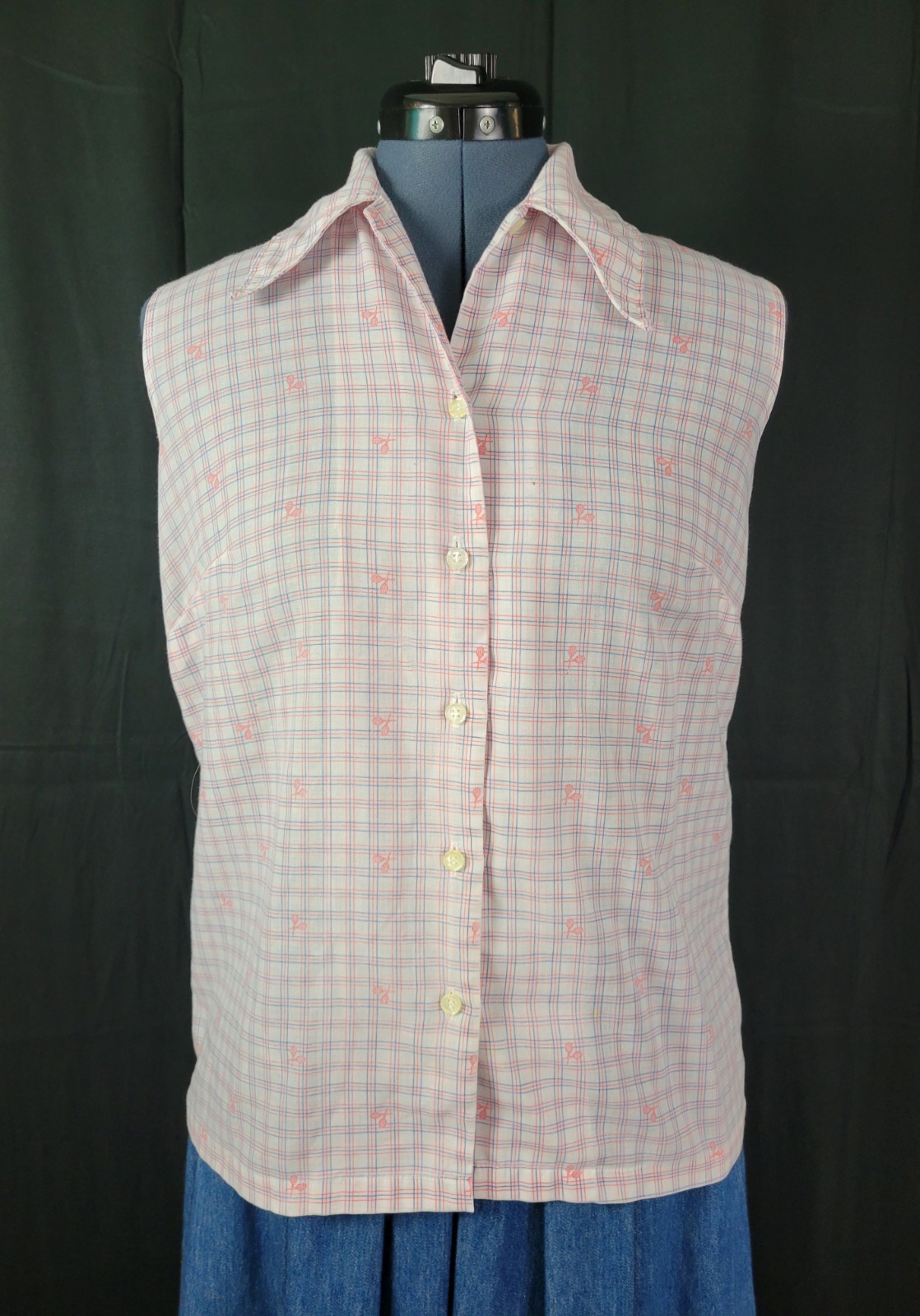 Vtg Ship’N Shore White/Blue/Pink Tennis Plaid Sleeveless Collared Top Size 14