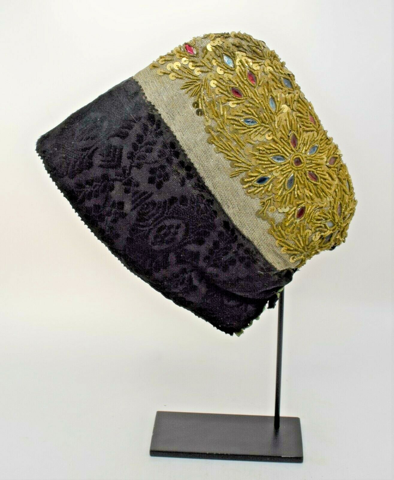Antique 18th Century Woman’s Hat Coif Winter Weight Black Jacquard European