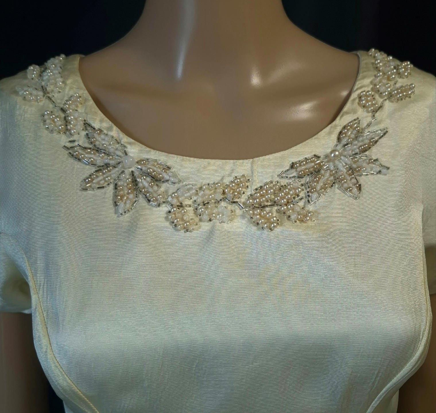 BEADED CREAM FAILLE 1950s Vintage Full Circle Skirt PARTY DRESS w/HAT – S/XS