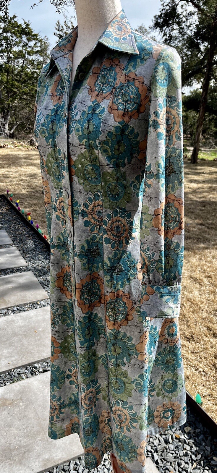 Homemade Paisley Green Long Sleeve Dress 1970s Style Vintage? 30 Waist 35 Bust