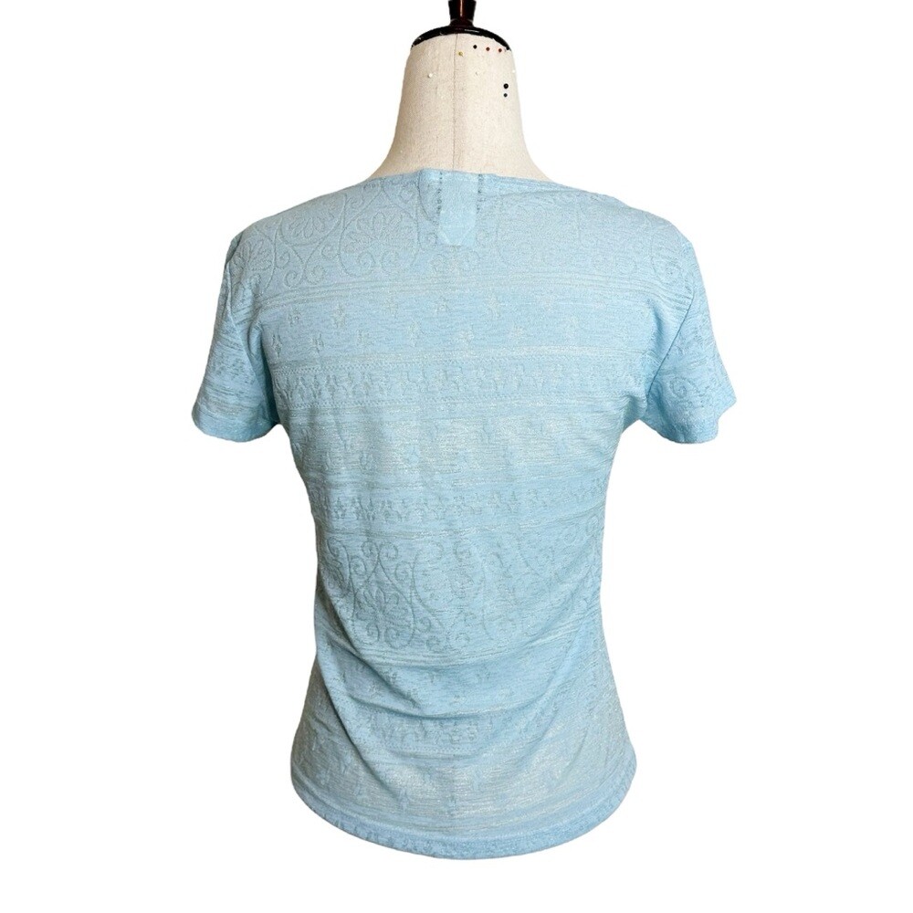 Vintage Y2K Baby Blue Metallic Tie Neckline Top Size Medium
