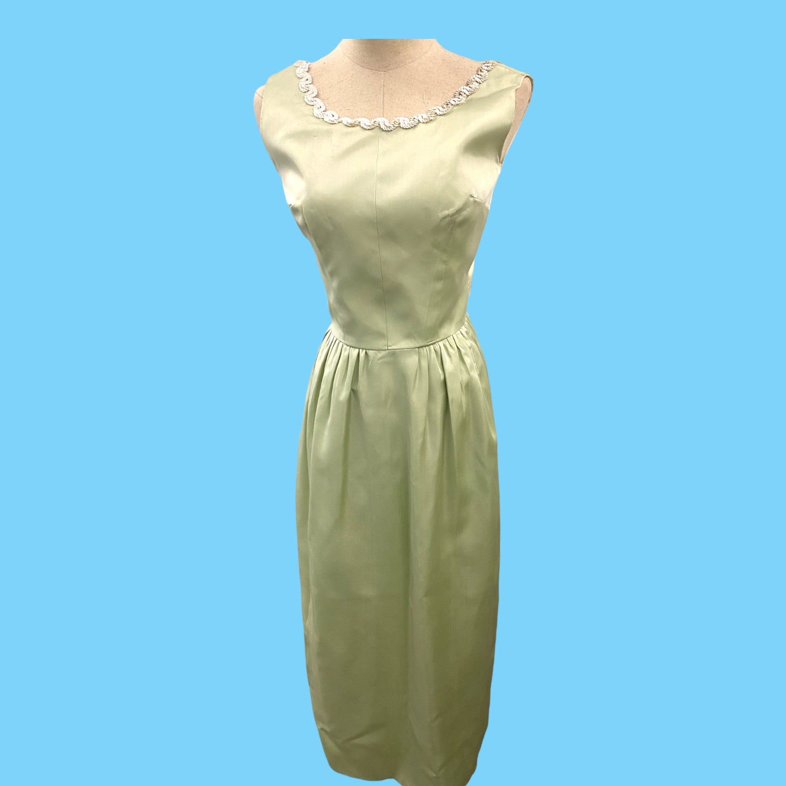 Vintage 1960s Pale Green Maxi Gown W/ Whitge Sequins Small