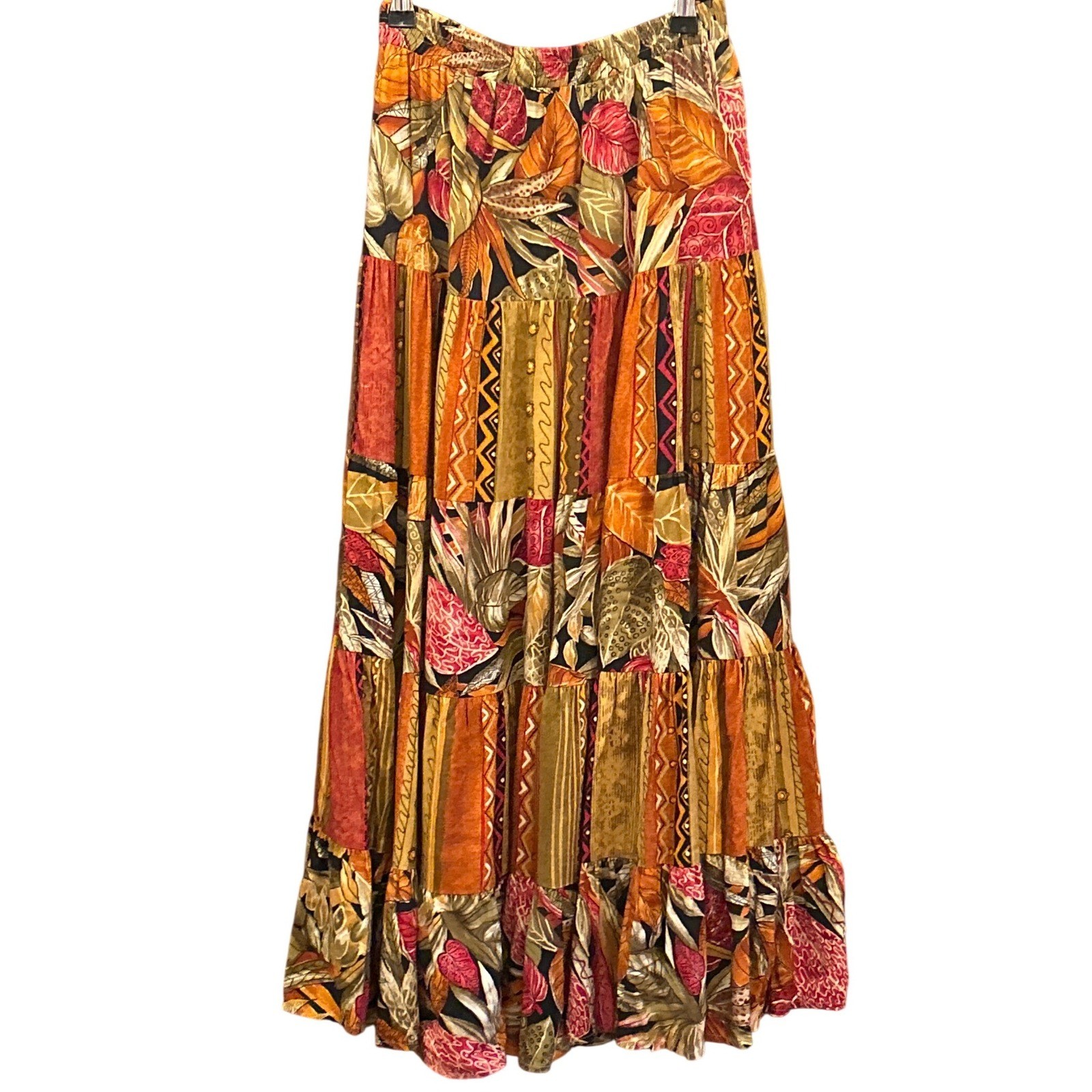 90s Stephanie Thomas Sport Maxi Skirt Boho Tropical Patchwork Tiered Rayon 12