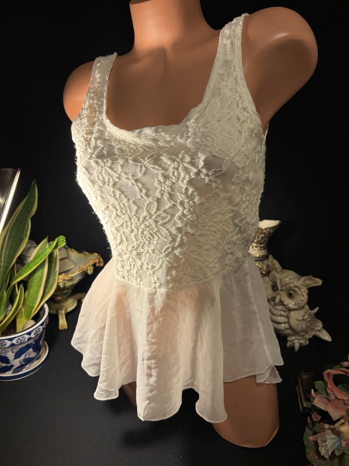 Vtg Satin White Chiffon Sheer Nightie GOwn Y2K Chiffon Lace Nightie Babydoll S