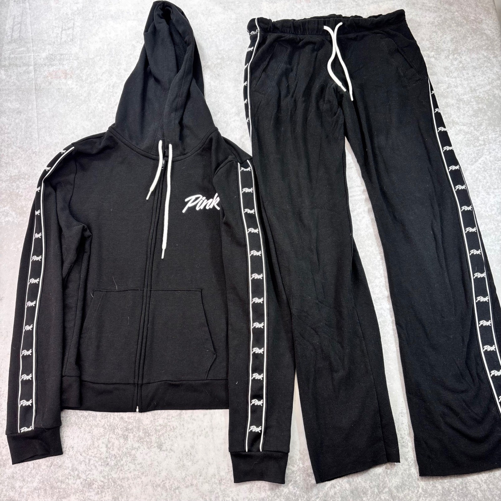 Victoria’s Secret PINK Black Tracksuit Set Hoodie Large Pants XS Logo Tape