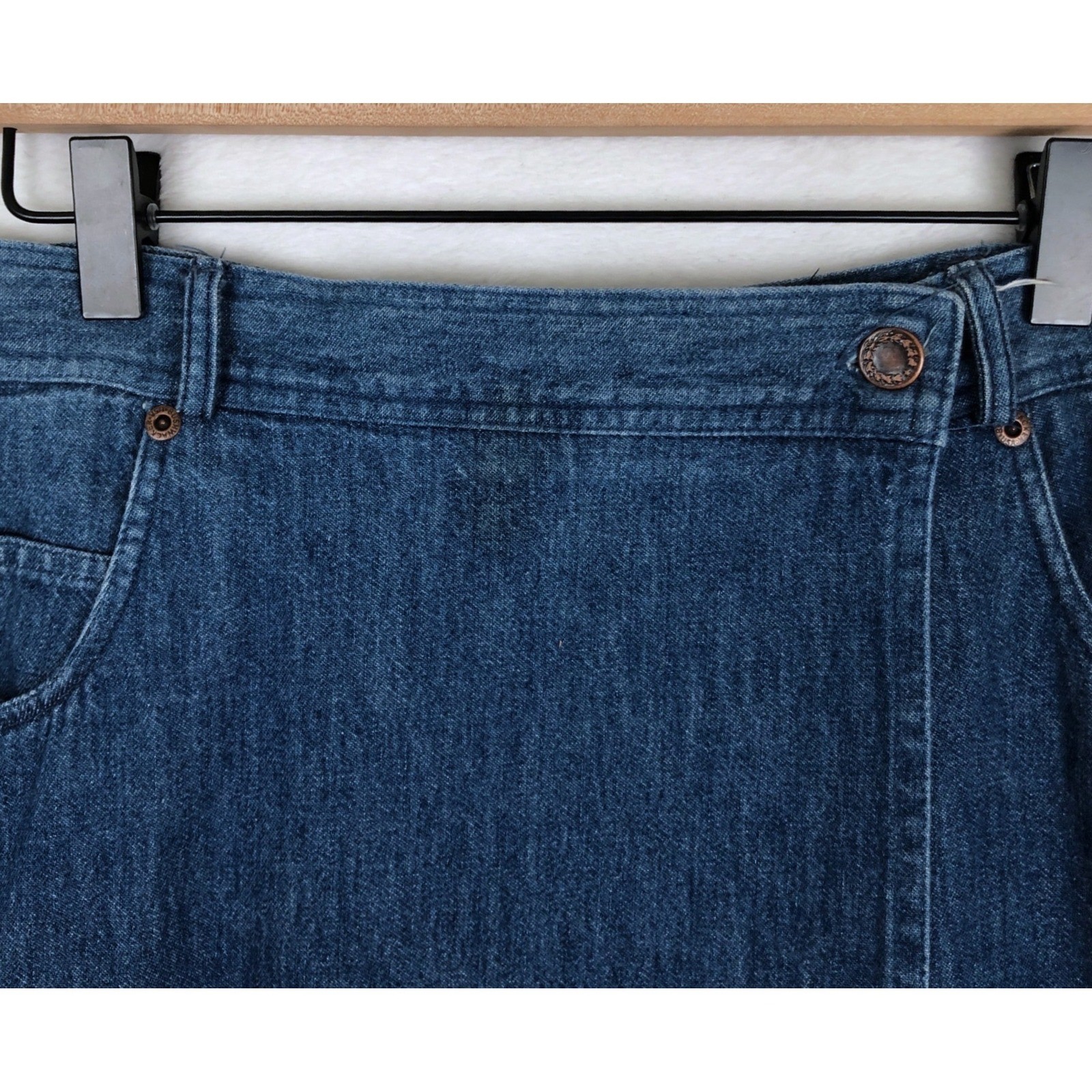 VTG Bushwacker USA Denim Wrap Midi Skirt Sz 14 Medium Wash Blue Jean Western