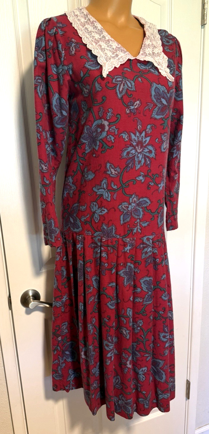 VTG 80’s LAURA ASHLEY DEEP PINK FLORAL W/ LACE COLLAR DROP WAIST DRESS SZ 10