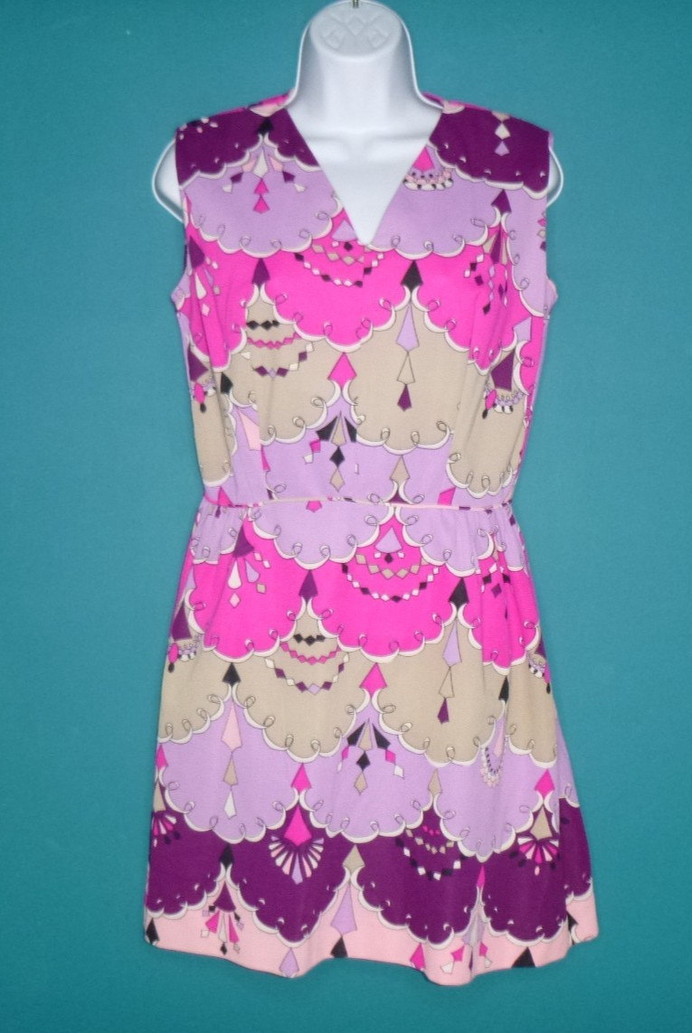 Vtg 70s MOD Mini Dress Purple Pink Geometric Abstract Print Sz S/M