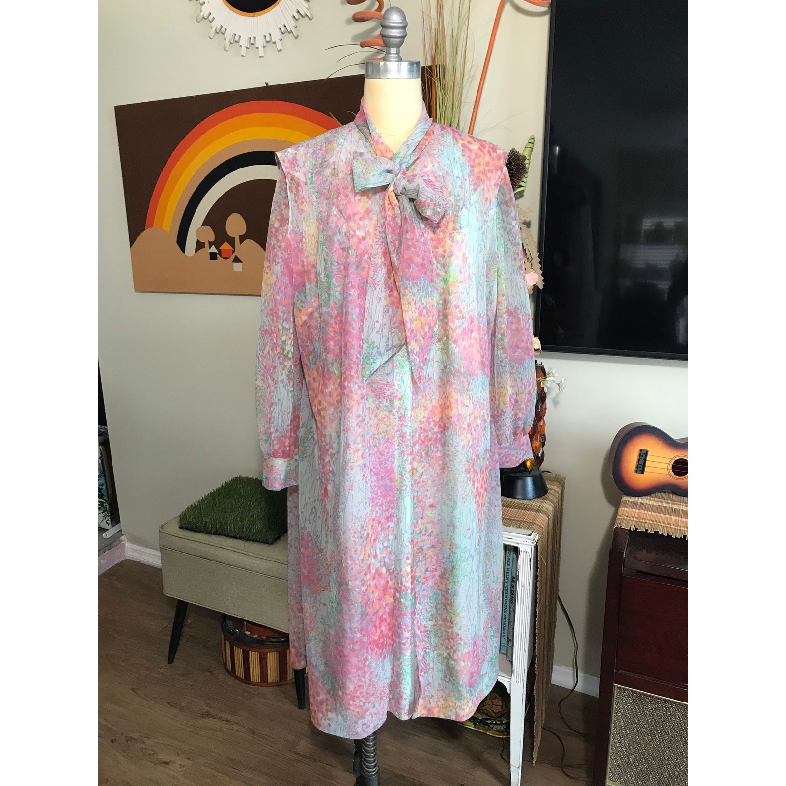 Vintage 1970s Mary Roberts Pastel Floral Dress with Detachable Chiffon Vest