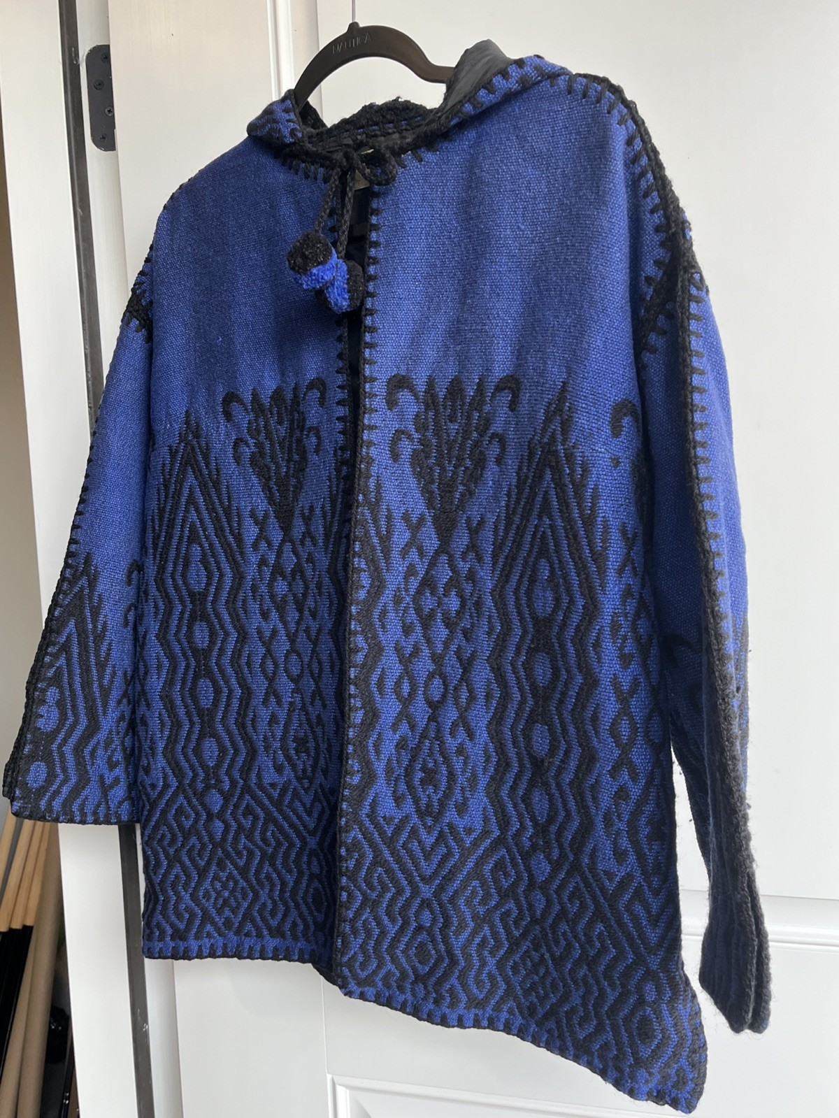 Vintage Woman’s Knit Crocheted Blue & Black Poncho Jacket Wool Cotton Lined
