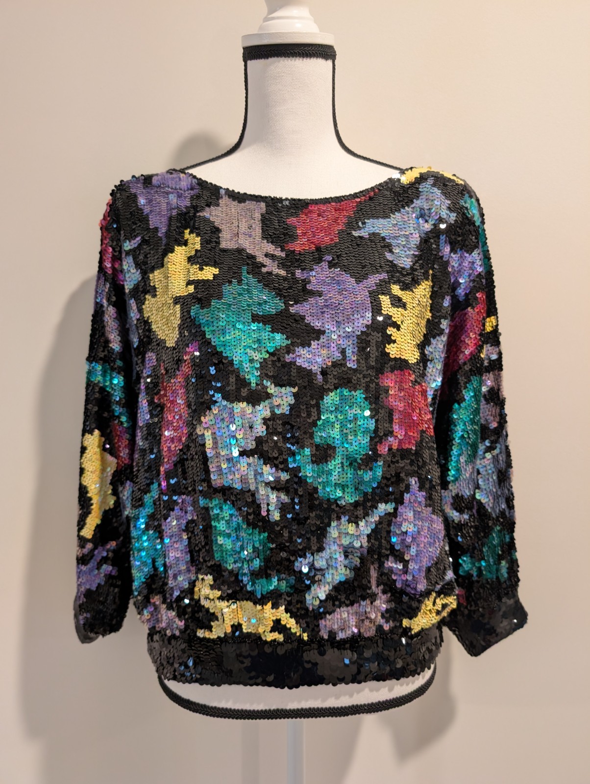 Vintage Three Flaggs Multi Color Full Sequin Silk Top 80s Size L