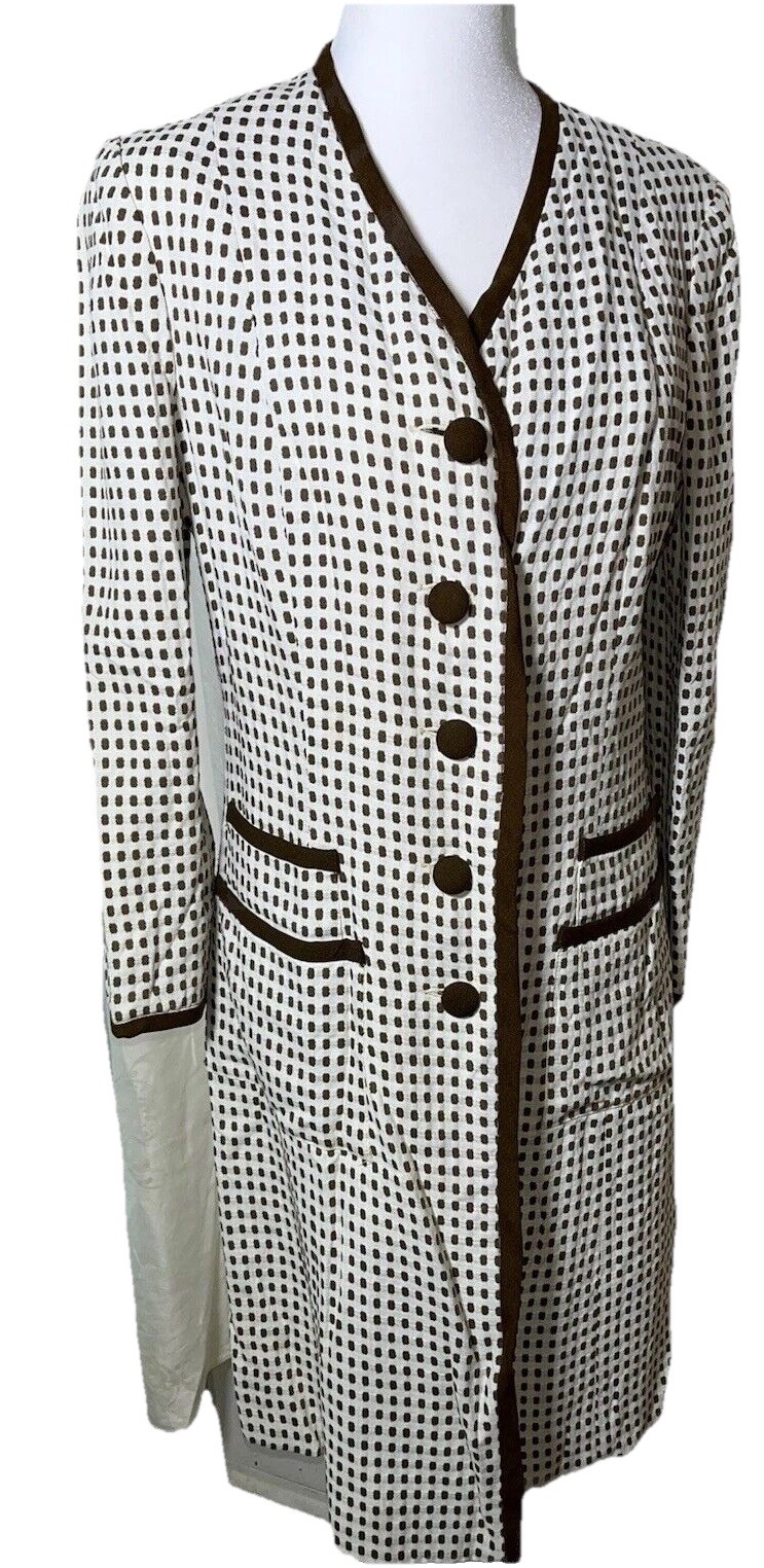 Vtg Coat Jacket White 60s Designer Montaldos Lightweight Brown Polka Dot S M