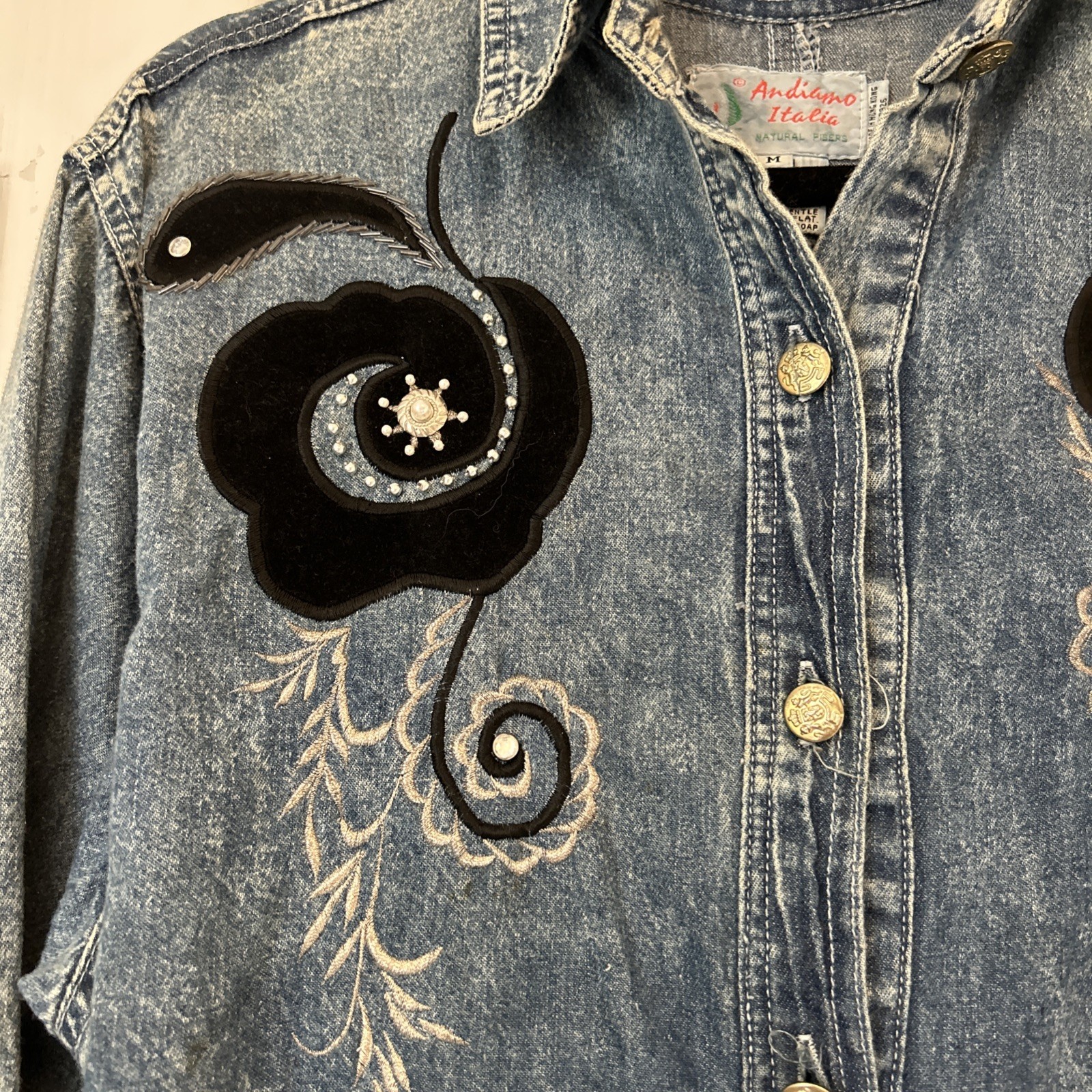 Vintage 80s Denim Dress Medium Andiamo Italia Western Country Embroidered