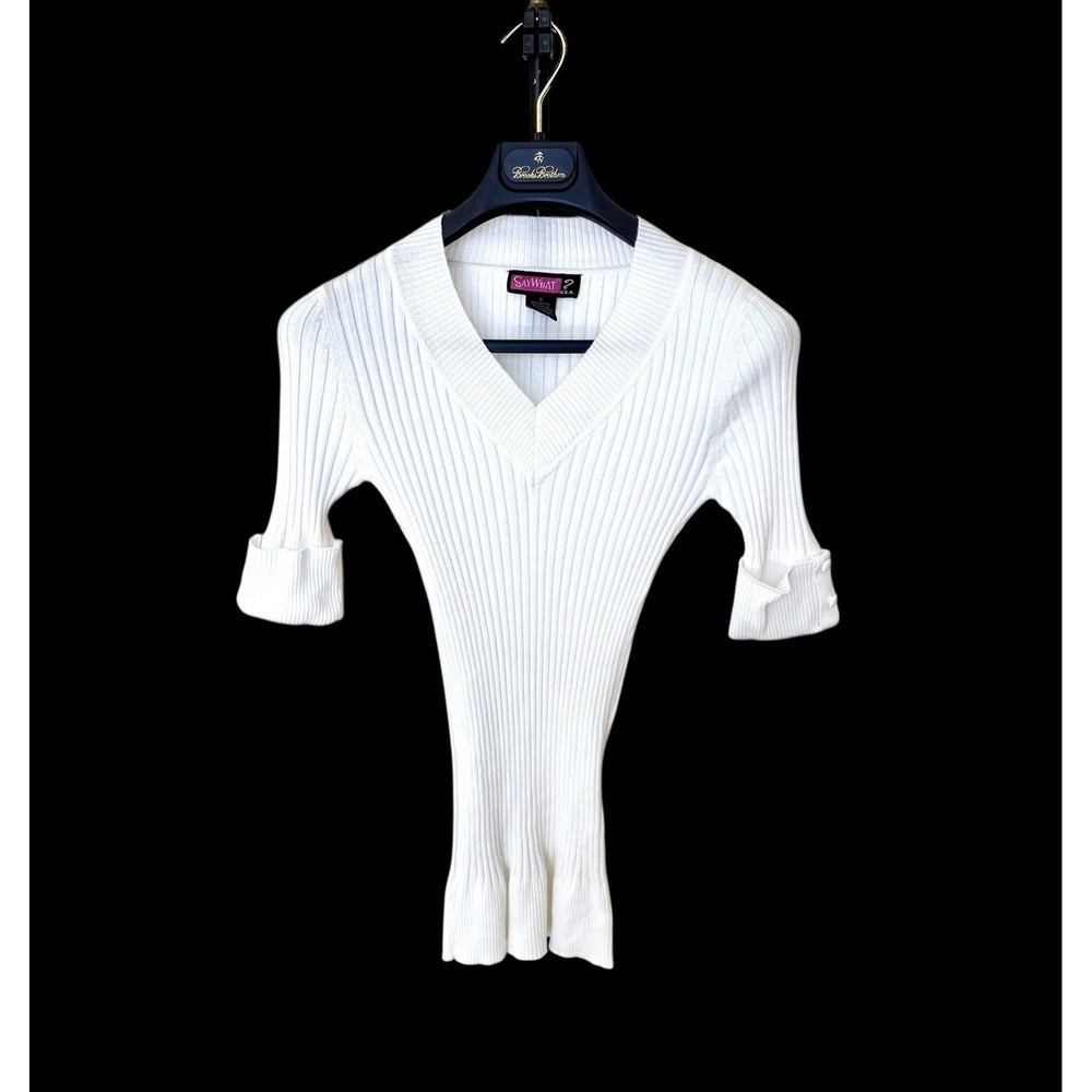 SAY WHAT? Y2K Rib Knit Sweater Sz M White Slimming Stretch Preppy Coquette 90s