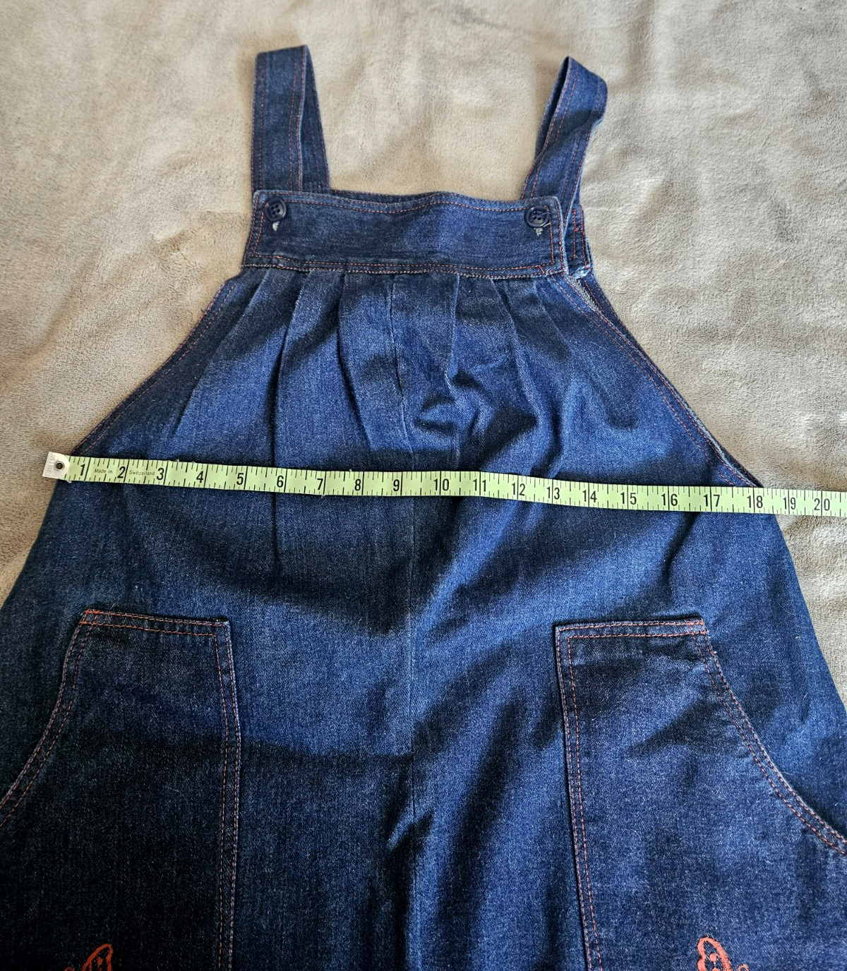 JONI BLAIR of Cali Denim Jumper Dress Size 7 Embroidered Pockets Red Butterflies