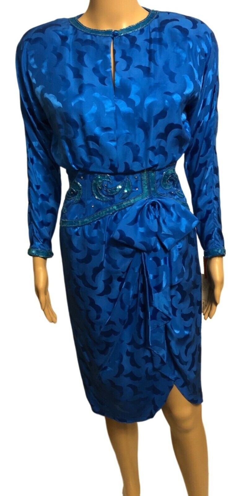 RARE vtg AJ BARI Azure Blue 100% Silk Jacquard Dress Sz 4P NWT Sequin Beaded