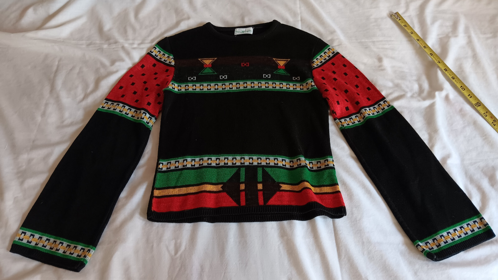 VINTAGE C. 1969 SEARS JR BAZAAR WOMENS SZ MED? SWEATER GEOMETRIC RED GREEN BLACK