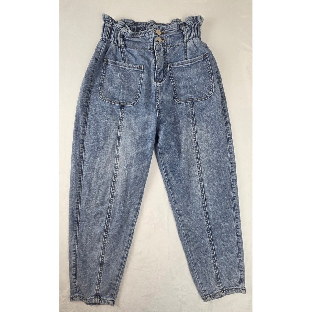 Women 29 Blue Vintage-Inspired Mom Jeans Paperbag High Waist Tapered Leg