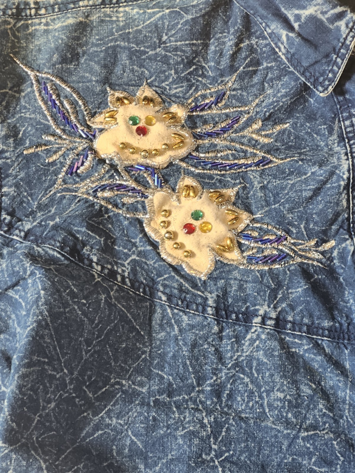Vintage 80s Skirt and Top Denim Set Western Style w/ Multicolored Beads Snow Blu