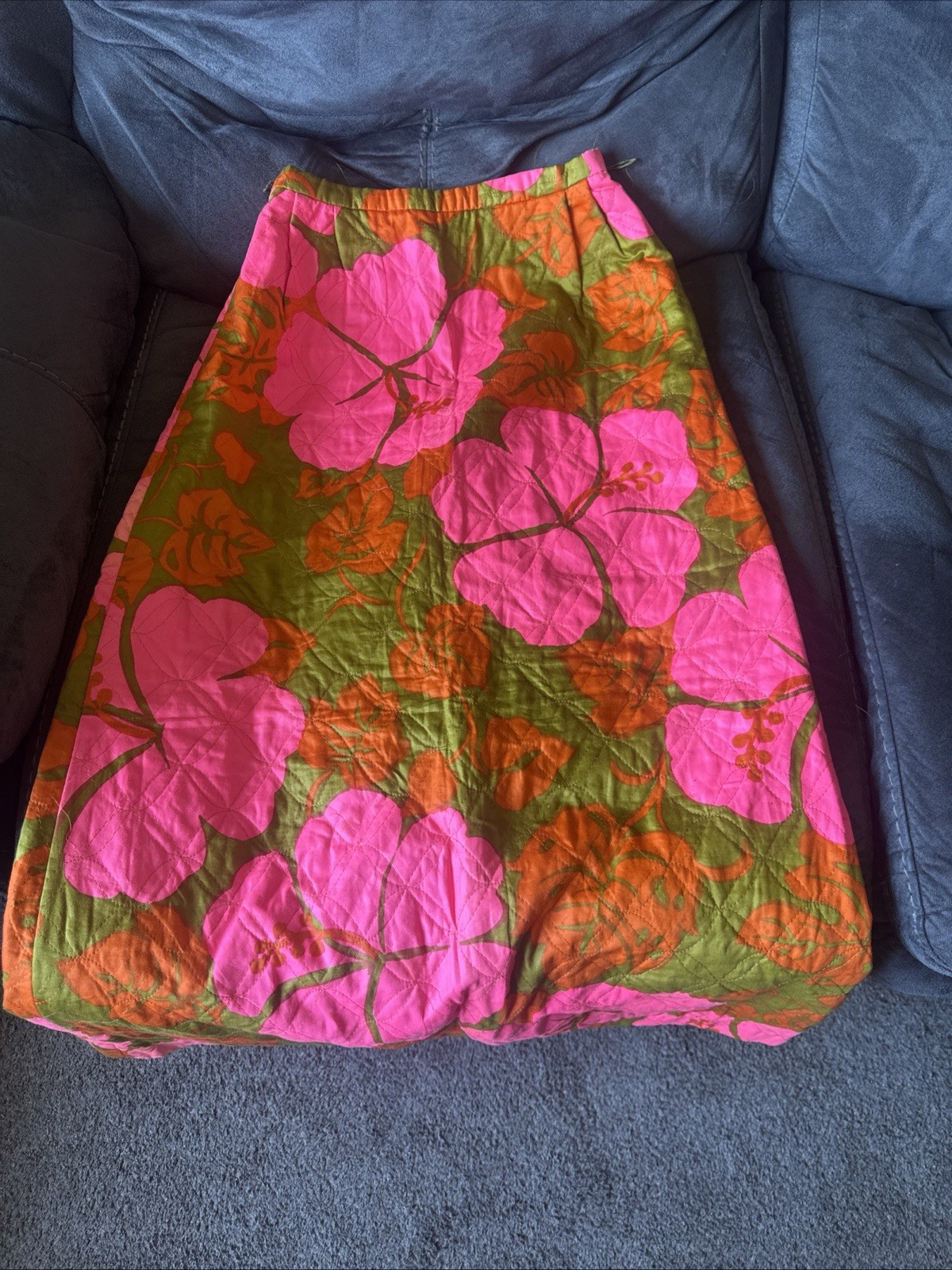 Vtg 60s 70s Phil Rose of California Quilted Maxi Skirt Pink Hibiscus Tiki Retro