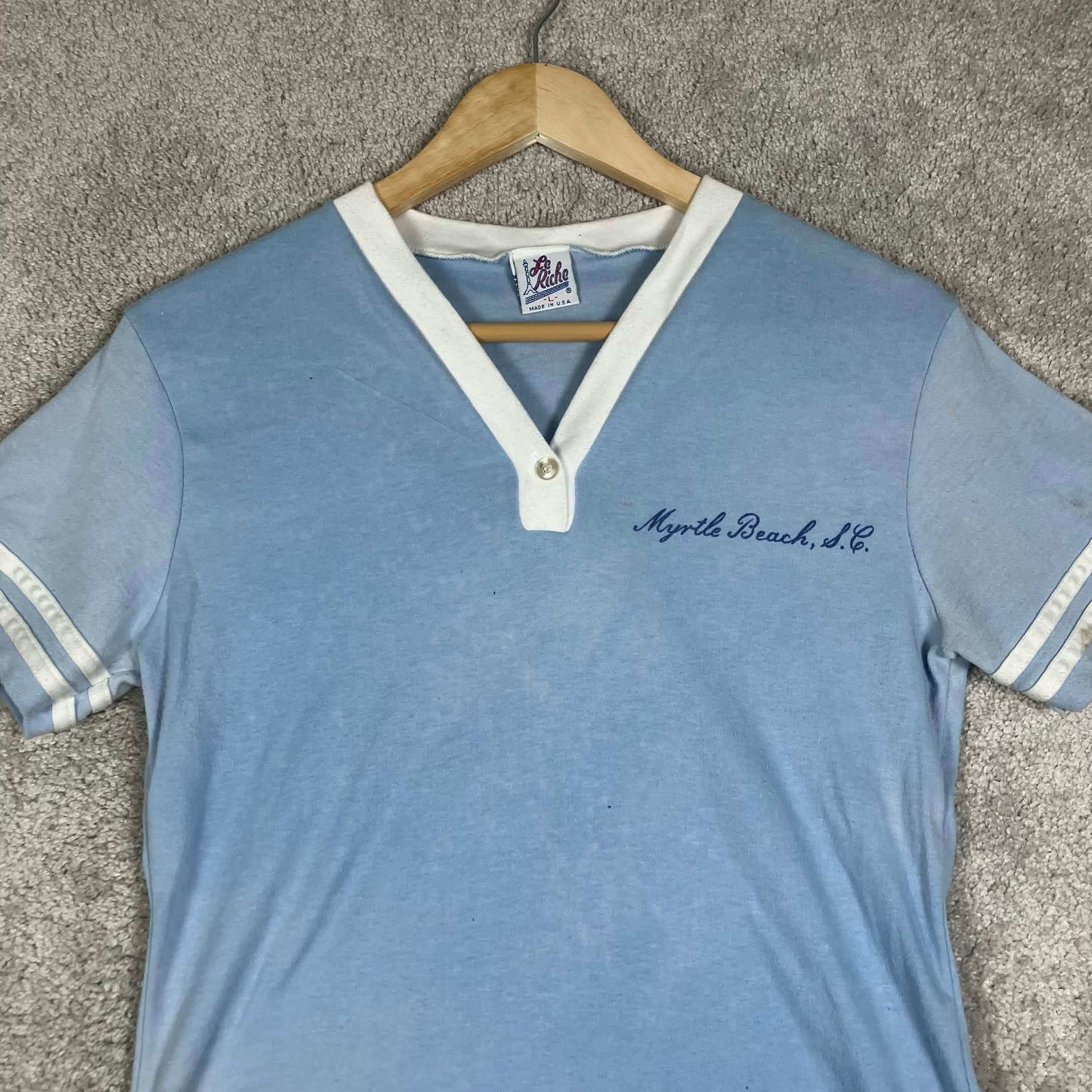 Vintage Le Riche Myrtle Beach SC V-Neck Shirt Light Blue Womens Large USA