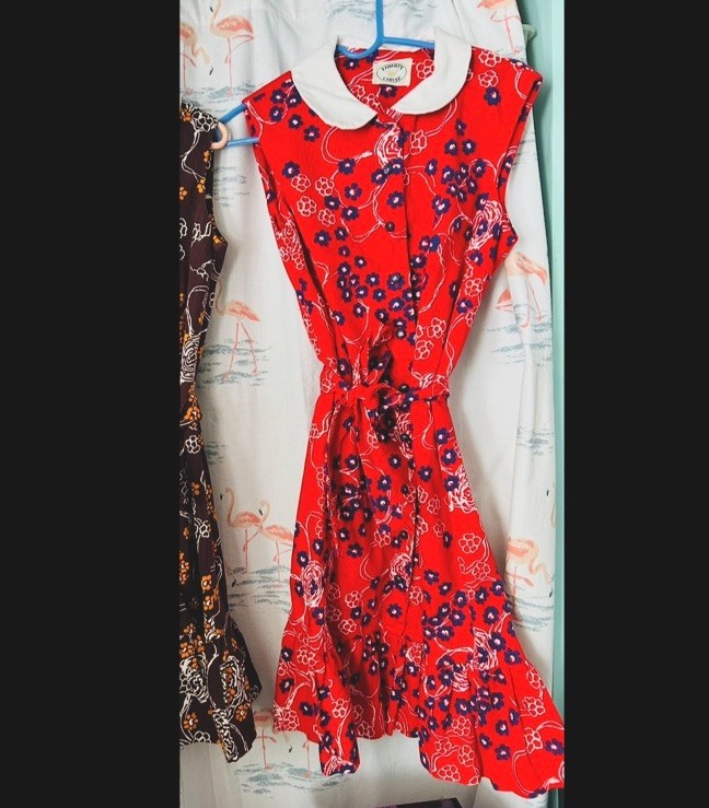 Vintage 60s Liberty Circle Red and Blue Floral Button Up Dress & Matching Belt