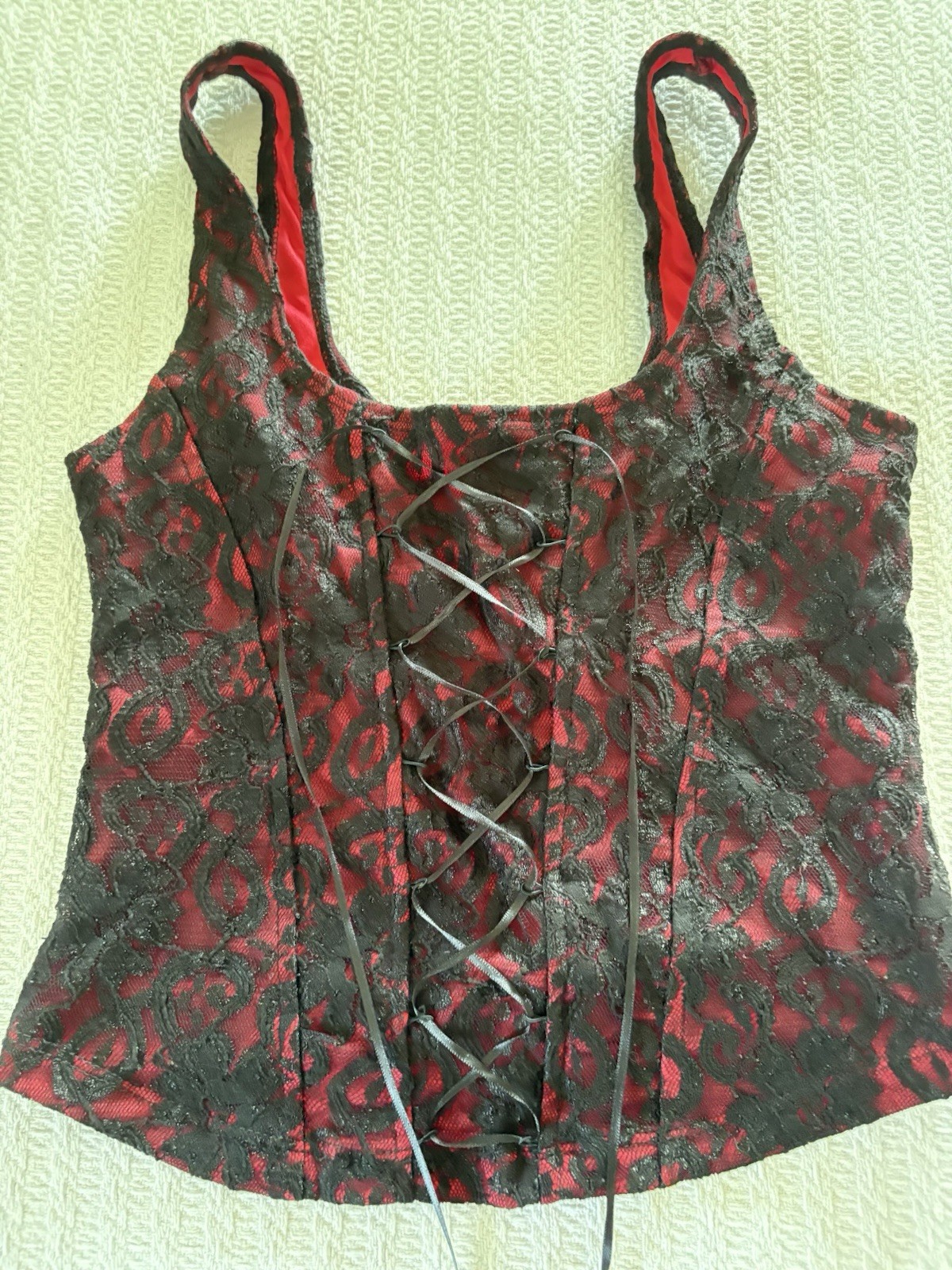Vintage 90s Wet Seal Lace Corset Crop Top Cami Ribbon Whimsy Goth Mall Emo Club