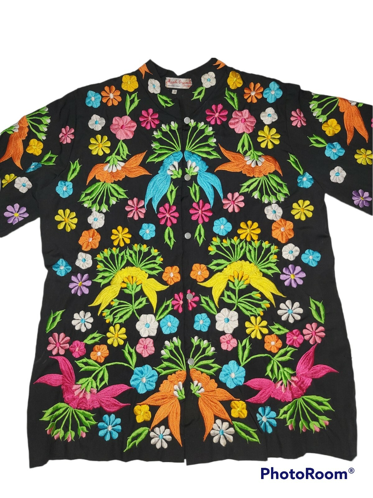 Vintage Colorful Heavy Embroidered Floral Button Blouse Top Jacket Art to Wear M