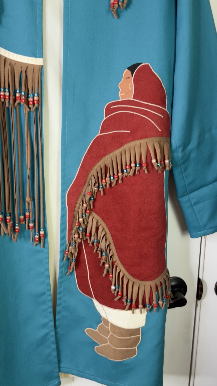 Vintage Handmade Long Duster Coat Native Appliqué Design Beaded Fringe Southwest