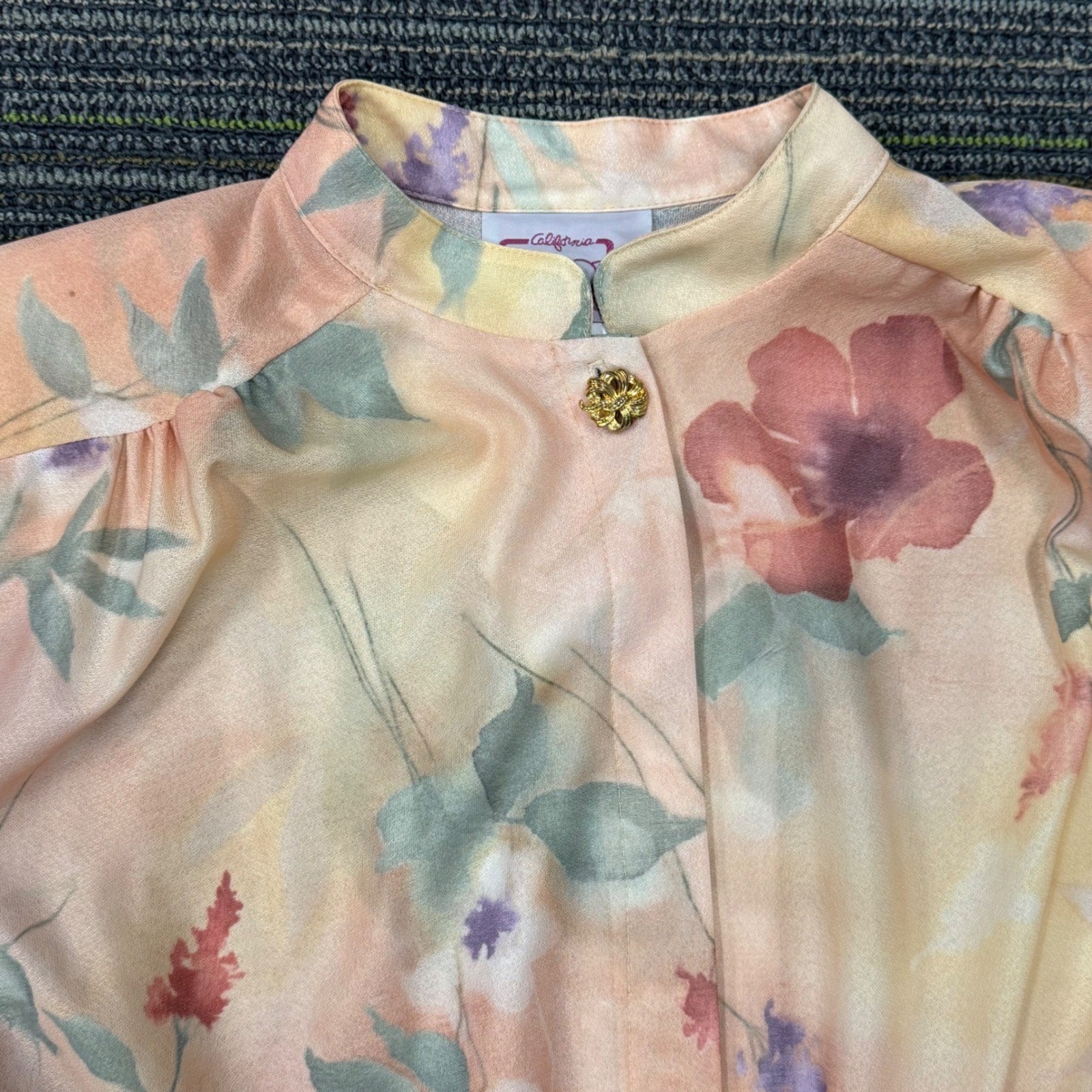 California Looks Floral Midi Dress Womens M Peach Vintage 80s Belted Pleated Exc