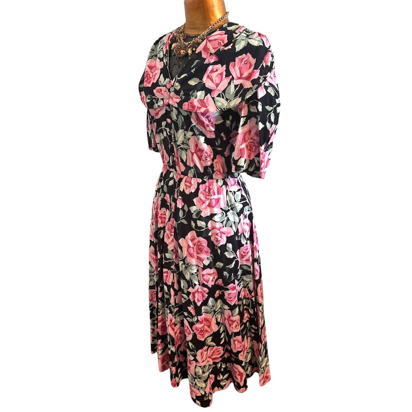Vintage 1980s Tiona Barrie Pink Black Floral Dress Short Sleeves Size 12 Made US