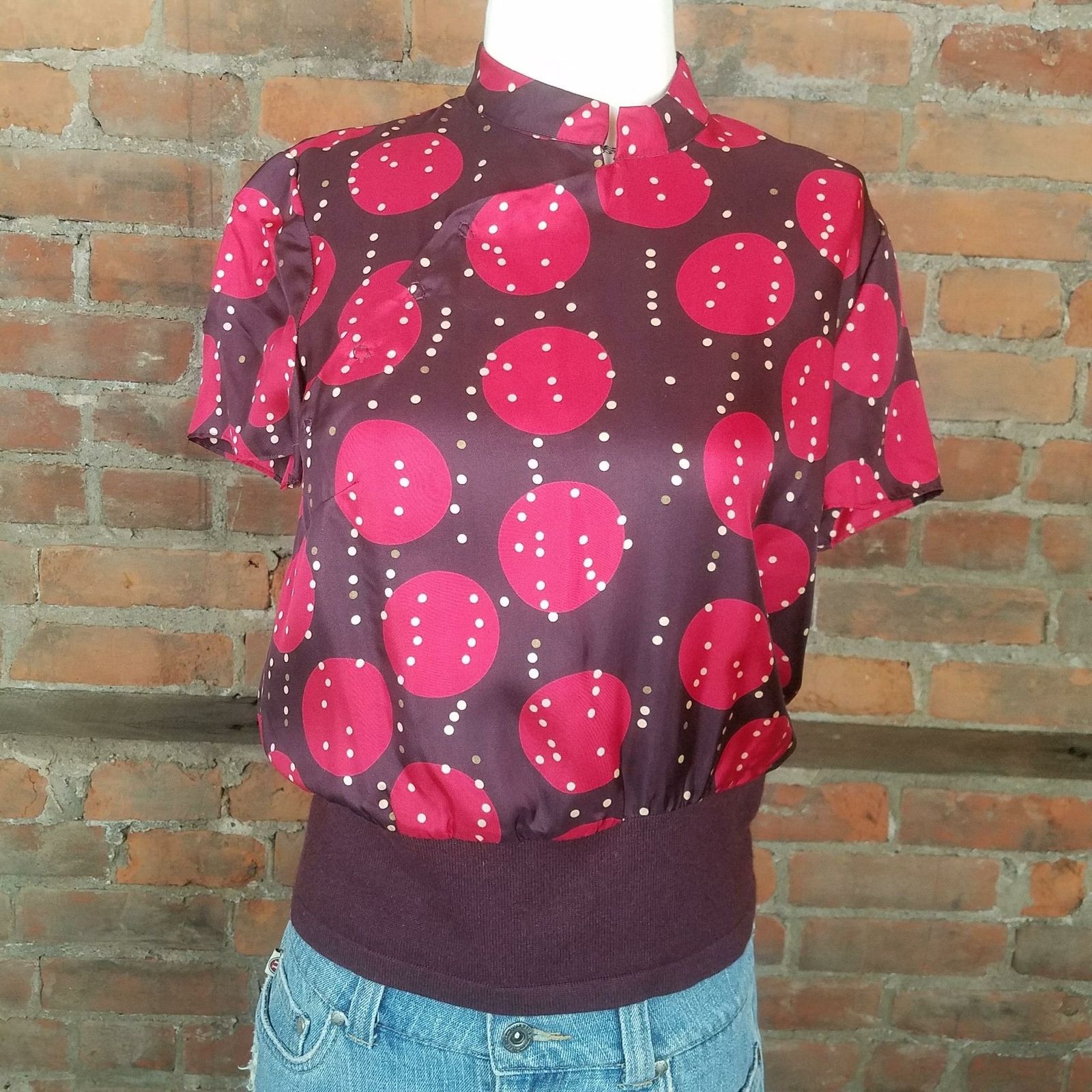 Vintage Armand Ventilo Womens Brown w/ red White Dots Size 40/S Top Assymetric