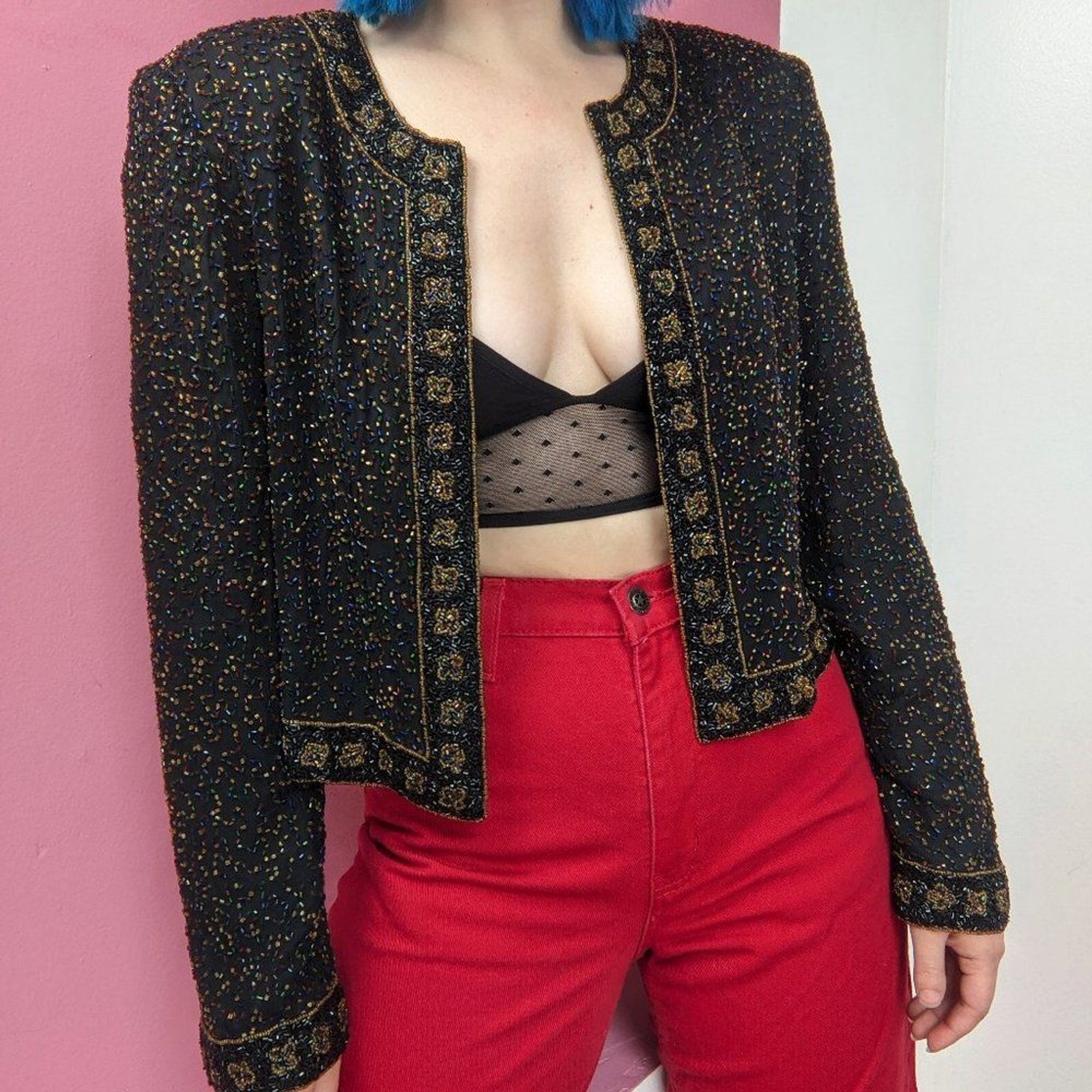 Vintage 90s Black & Multi Color Heavily Beaded Evening Jacket