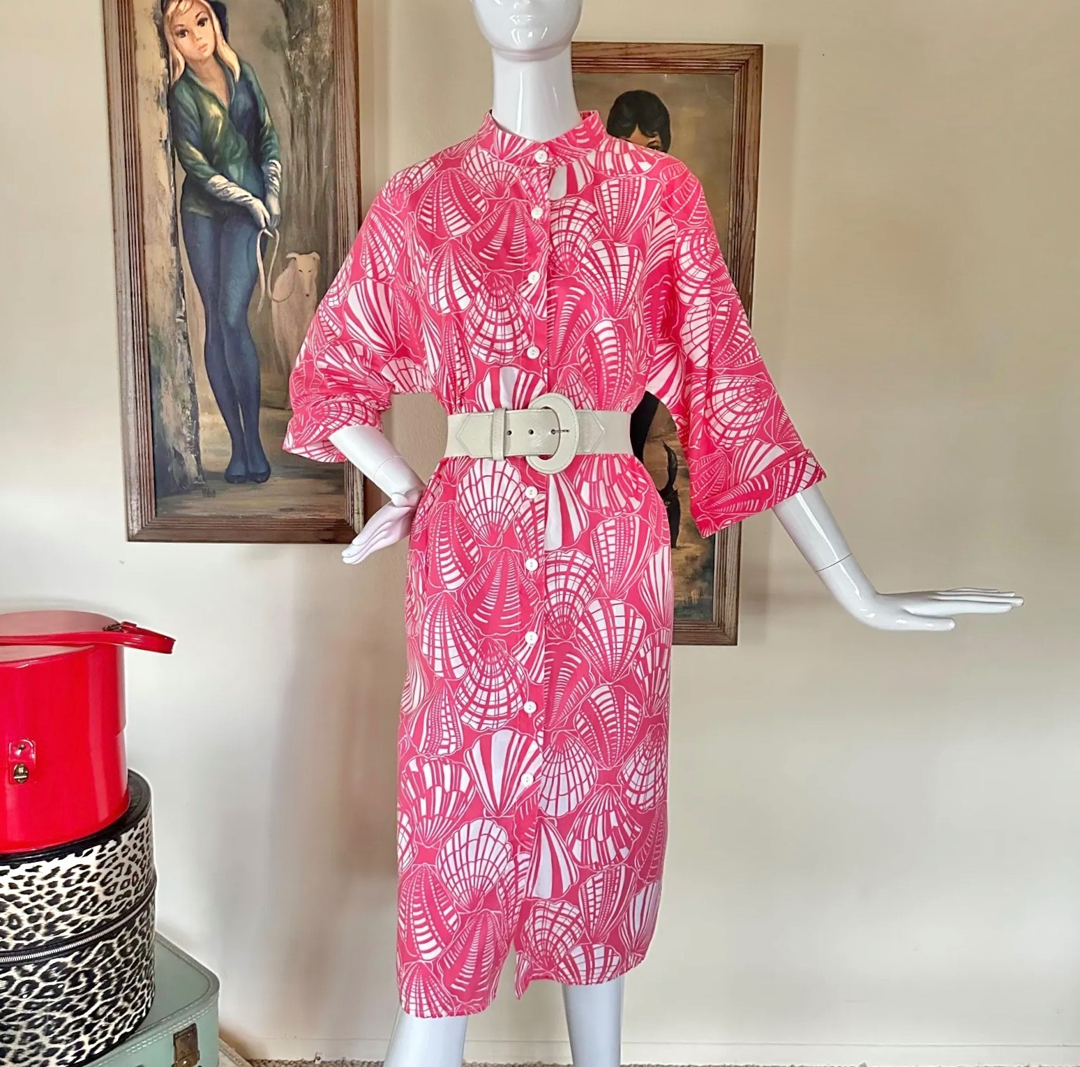 Vintage 70s Mr Hank Preppy Hot Pink Seashells Print Beach Cover-up Shirt Dress L