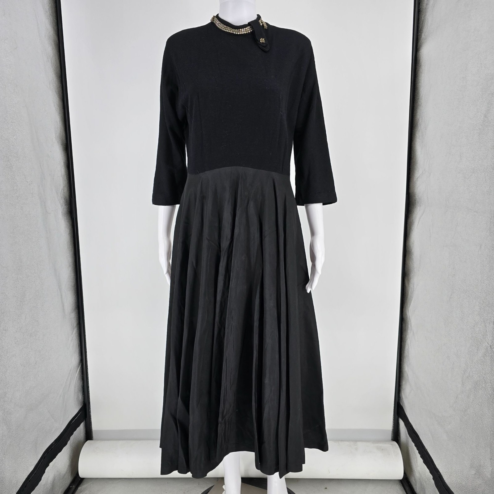 Vintage 1960s Black Rhinestone Collar Knit Bodice Full Skirt Midi Dress (M)